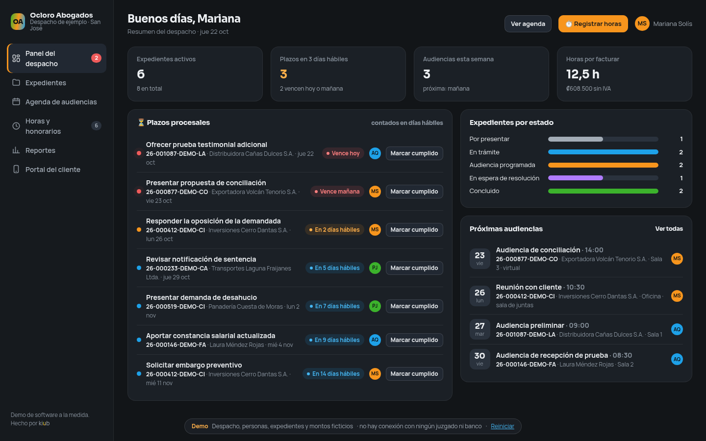 Panel del despacho con plazos procesales y alertas