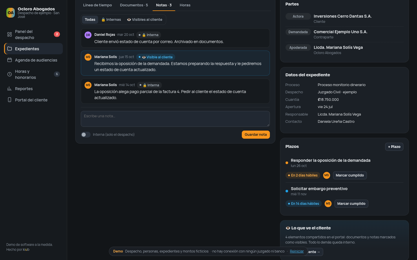 Ficha de expediente con notas internas y visibles al cliente