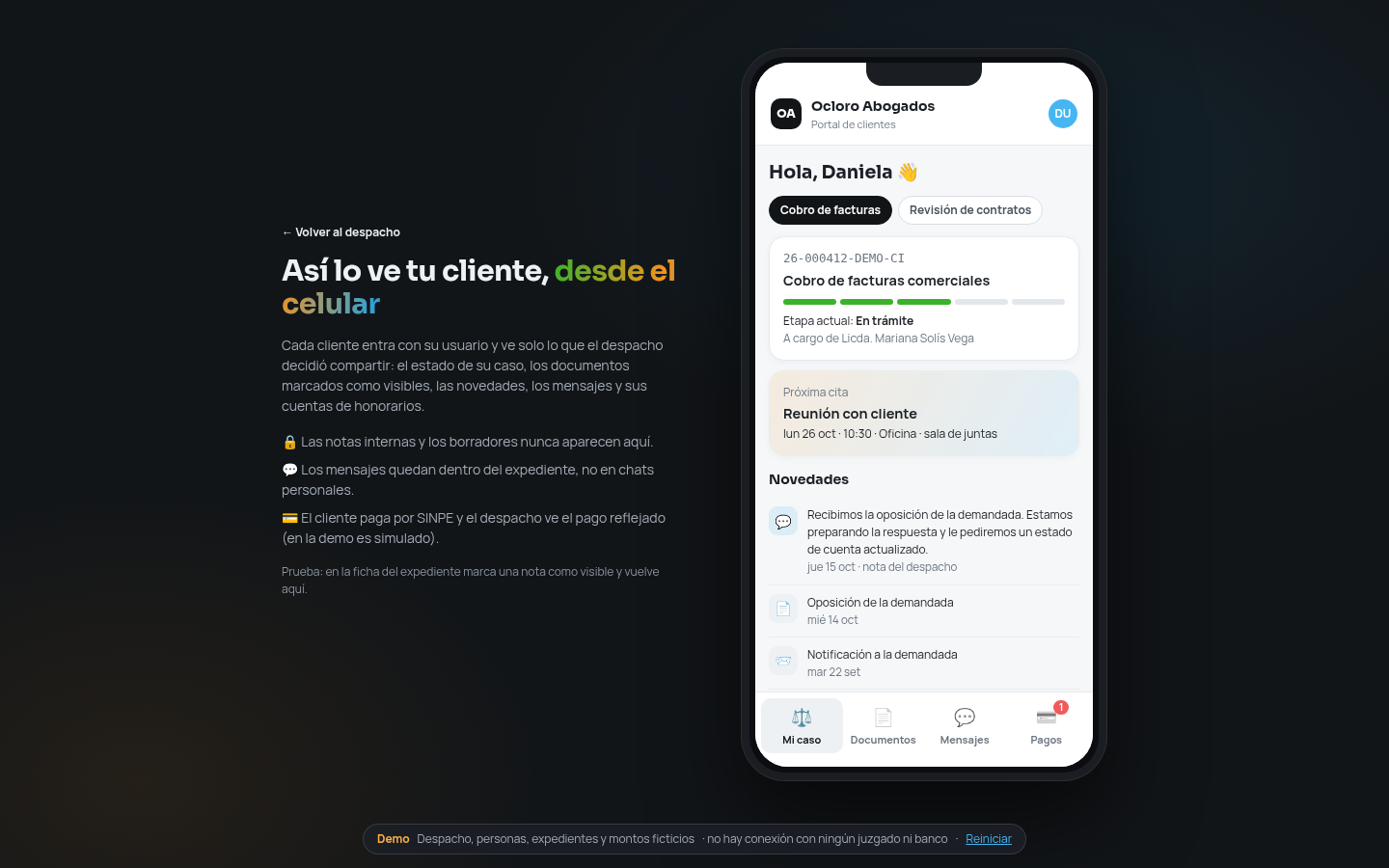 Portal del cliente en el celular con el estado del caso