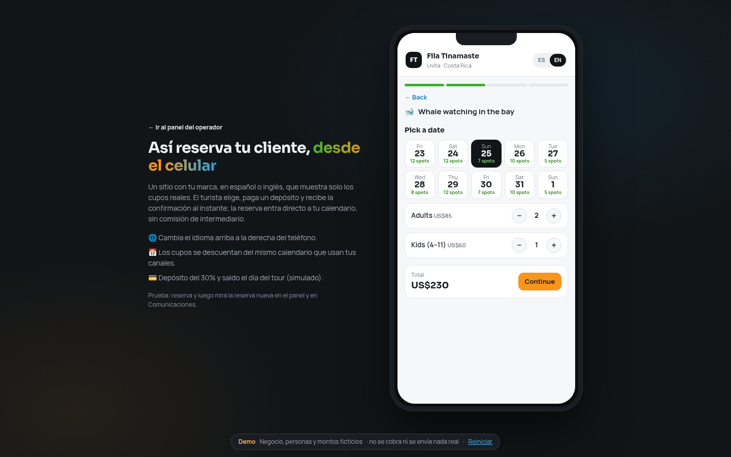 Sitio de reservas del turista en el celular, en inglés